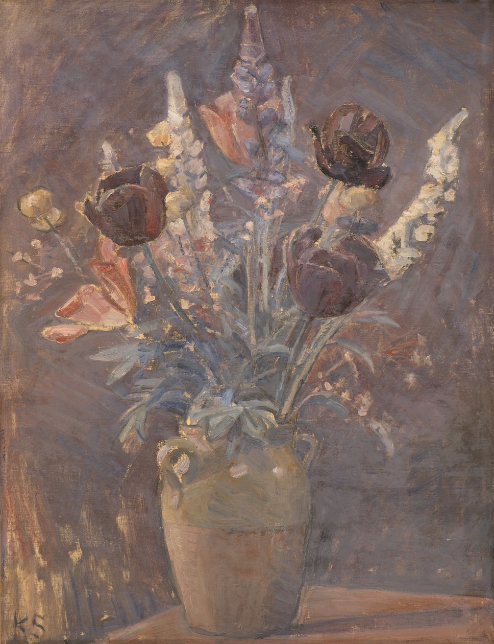 Leirvase med tulipaner og andre blomster av Karl Schou
