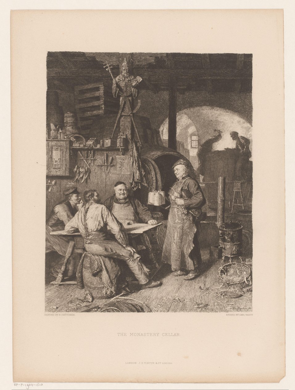 Menn rundt et bord i en kjeller Klosterkjelleren (tittel på objekt) av Karl Vaditz