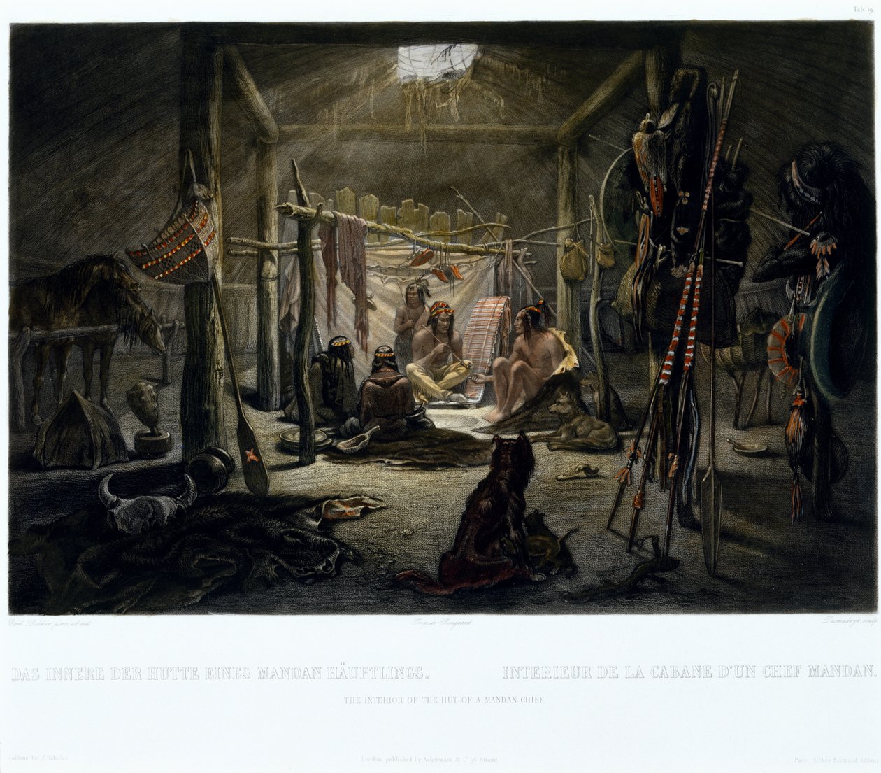 Interiøret til hytta til en Mandan-høvding, gravert av Narcisse Edmond Desmadryl (f.1801) ca. 1835 (gravering med akvatint) av Karl after Bodmer