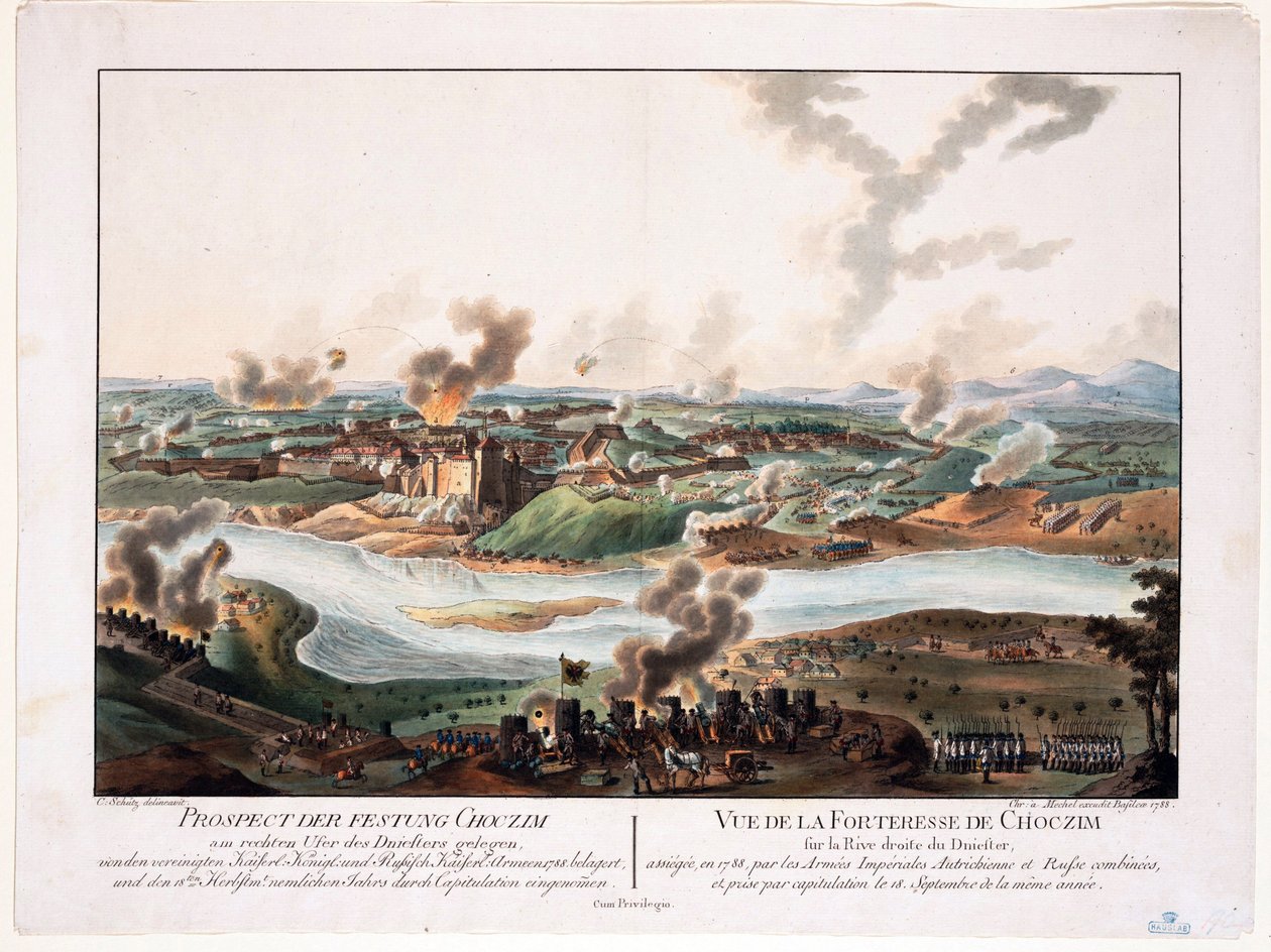 Beleiringen av Khotyn (Chocim, Chotyn, Hotin, Choczim ou Khotine, Ukraina) i 1788 - Schuetz, Carl (1745-1800) - 1788 - Kobberstikk, akvarell - 36,6x48,3 - Privat samling av Karl von (after) Schutz