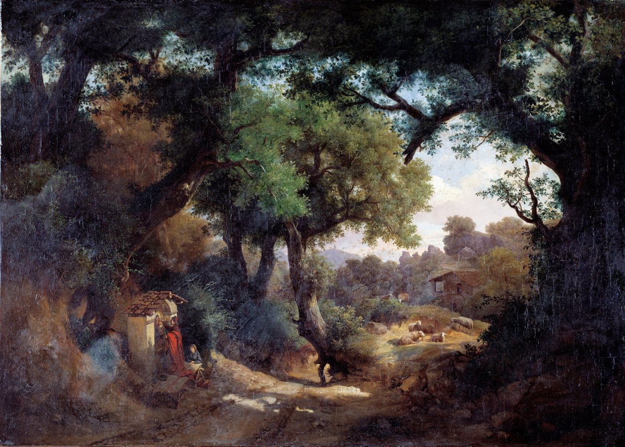 Representasjon av maleren Andrea del Castagno (1419-1457) med hyrde i et landskap (Portrett av maleren Andrea del Castagno og en hyrde i et landskap) Maleri av Carlo Marko junior (1822-1891) 1863 Dim 59x83 cm Genes, Galleria d 