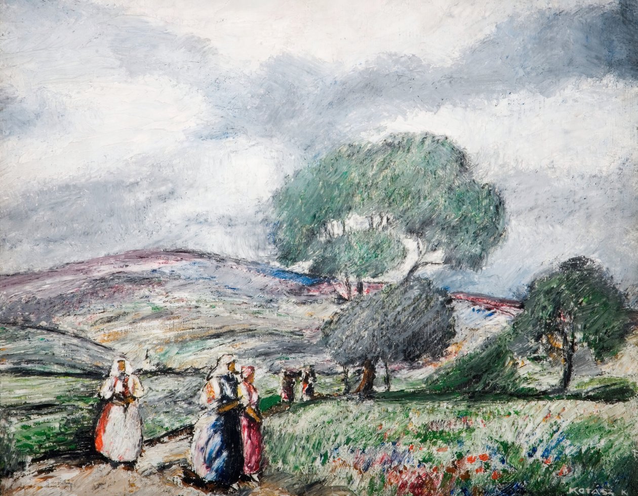 Stormfullt landskap med blå og røde figurer, 1940. av Karoly Kotasz