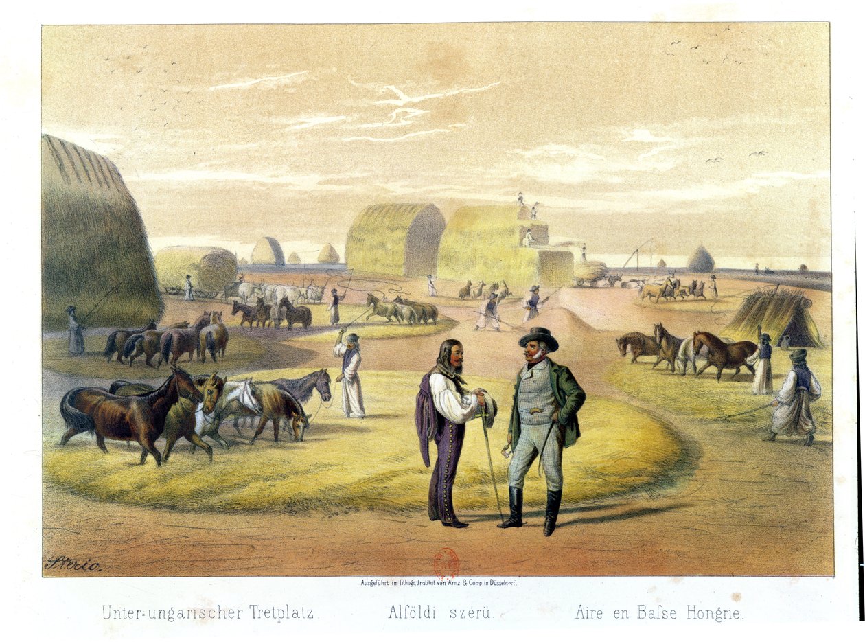 Tresking av hvete i Ungarn, fra en bok av Baron Pronay, Budapest, 1855 av Karoly Sterio