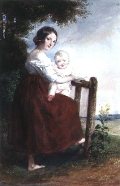 Jente som holder en baby: Landskapsbakgrunn av Karoly or Charles Brocky