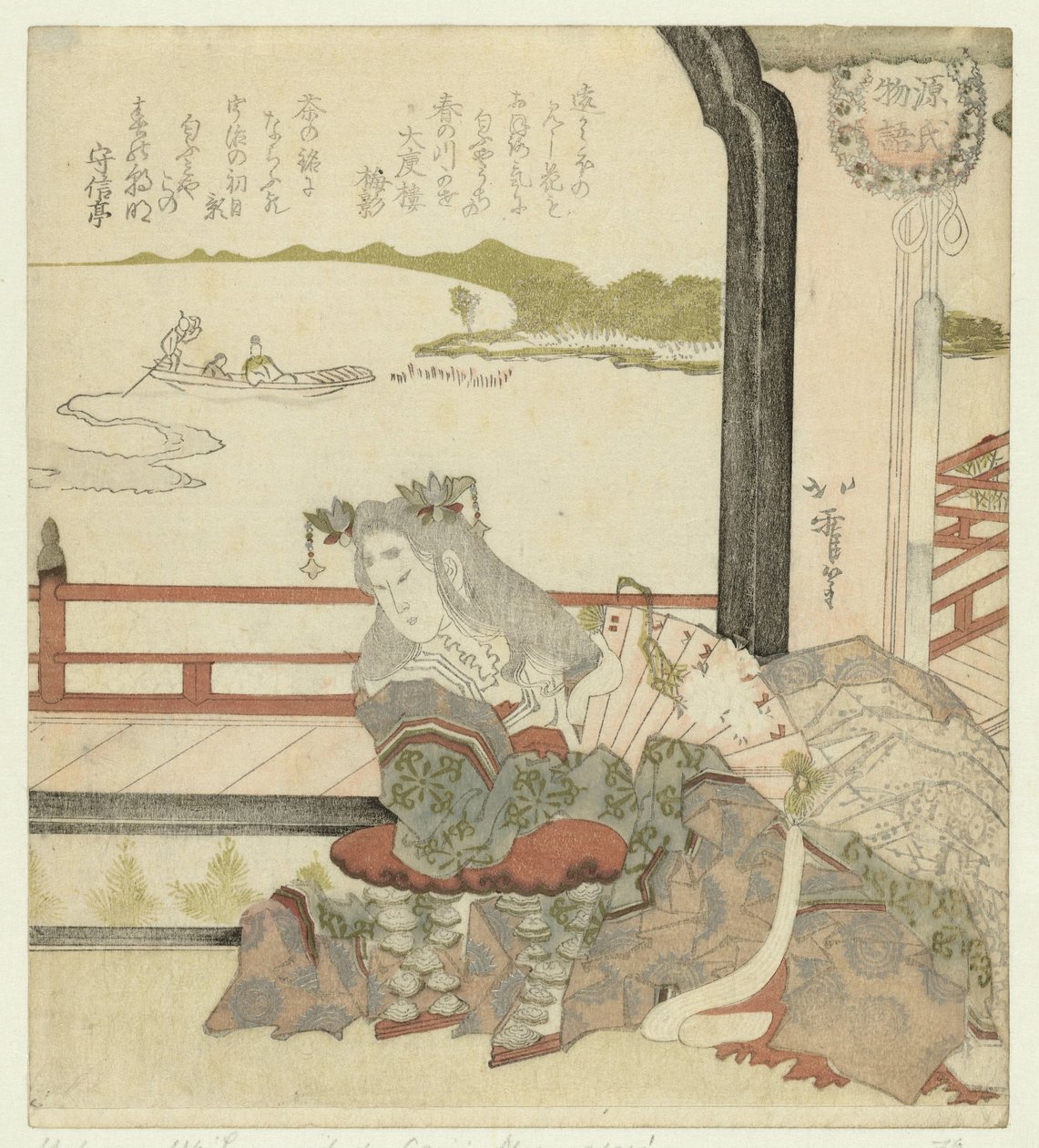 Kvinne ved en balkong Historien om Genji (serietittel) Genji monogatari (serietittel på objekt) av Karyôsai Hokuga