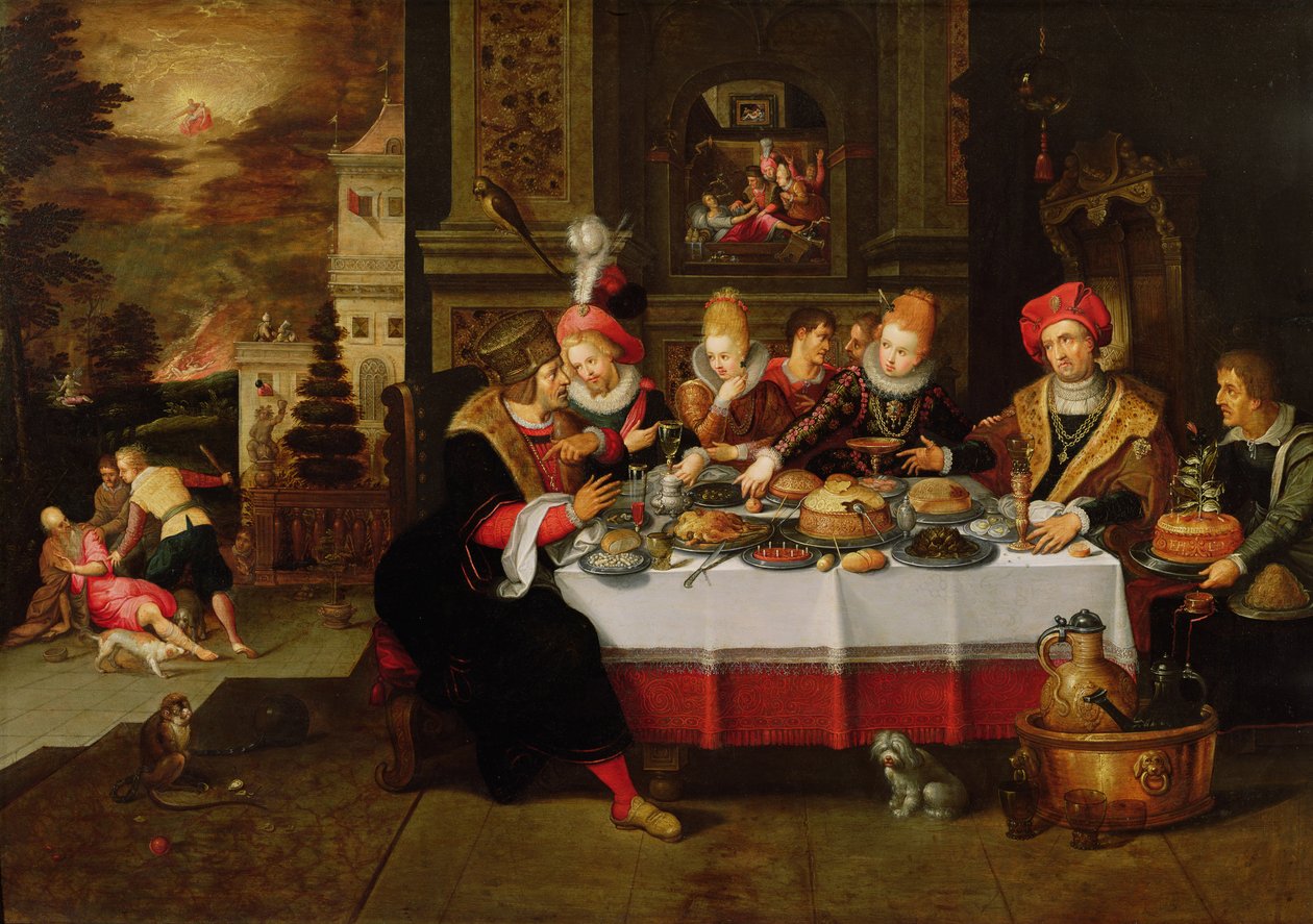 Lasarus og den rike manns bord (fra Lukas XVI) (panel) av Kasper or Gaspar van den Hoecke