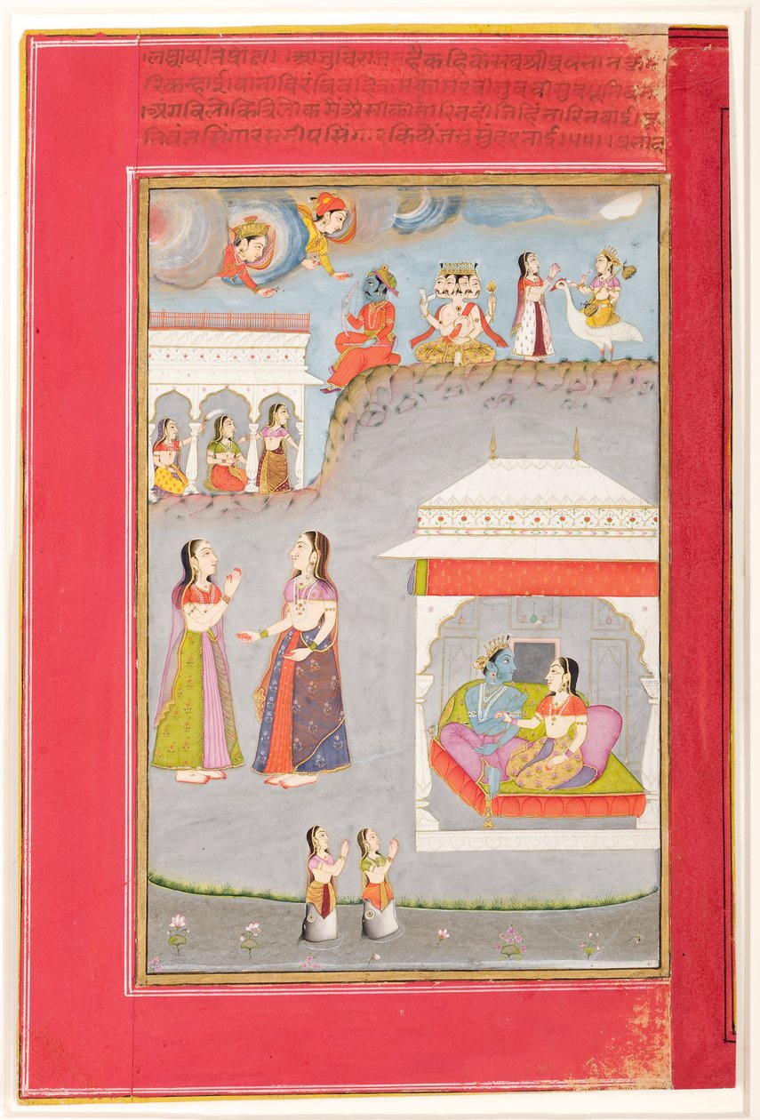 Labdhapraudha Nayika: Elskere i en paviljong, Kama, Brahma og Sarasvati ovenfor, 1750 (ugjennomsiktig wc og gull på papir) av Kassam