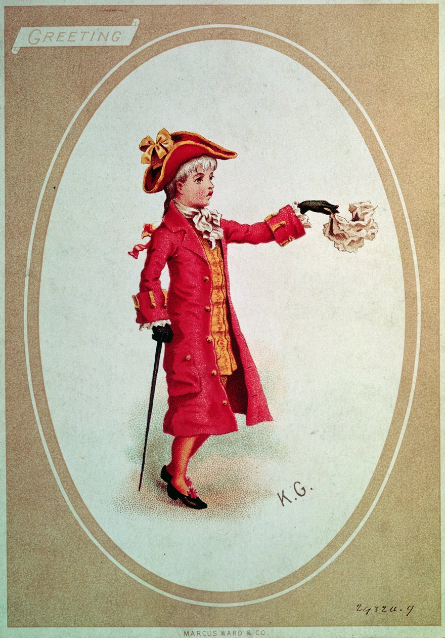 Gutt kledd i skarlagenrød (viktoriansk kort) av Kate Greenaway
