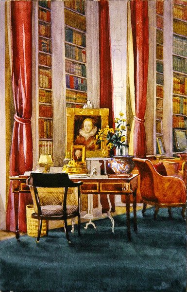 Library, Althorp, Northamptonshire, ca. 1890 (akvarell på papir) av Kate Barnard