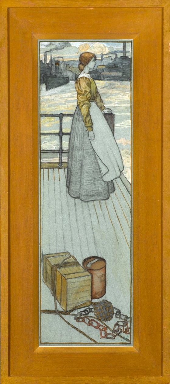 Venter på Dartmouth Ferry, ca. 1910 (kritt på blått papir) av Kate Blackmore