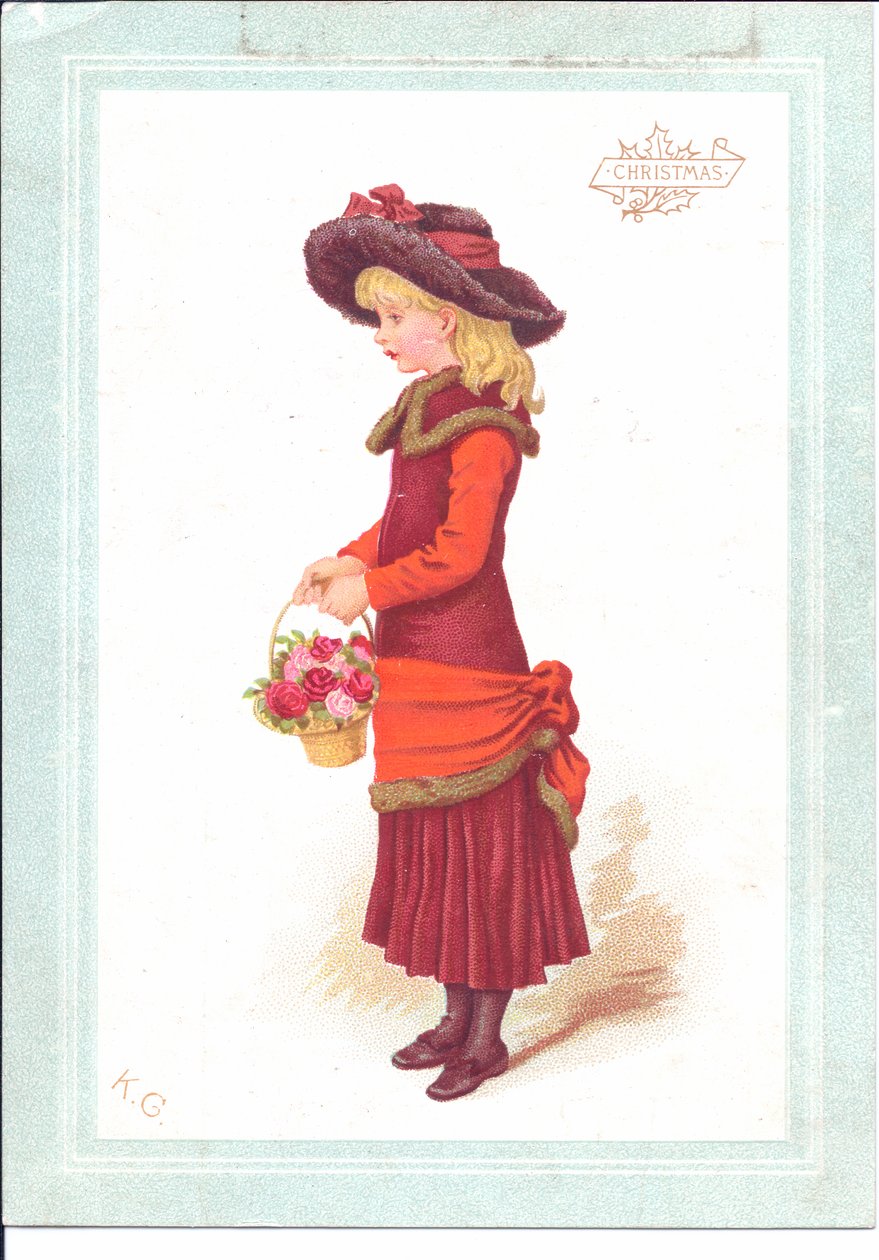 Et viktoriansk gratulasjonskort av et barn kledd i regentskapsklær, ca. 1880 av Kate Greenaway
