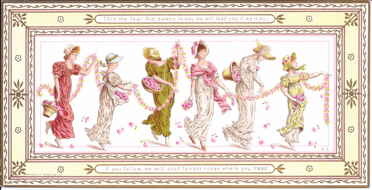 Et viktoriansk gratulasjonskort av et barn med et gult skjerf rundt halsen, ca. 1880 av Kate Greenaway