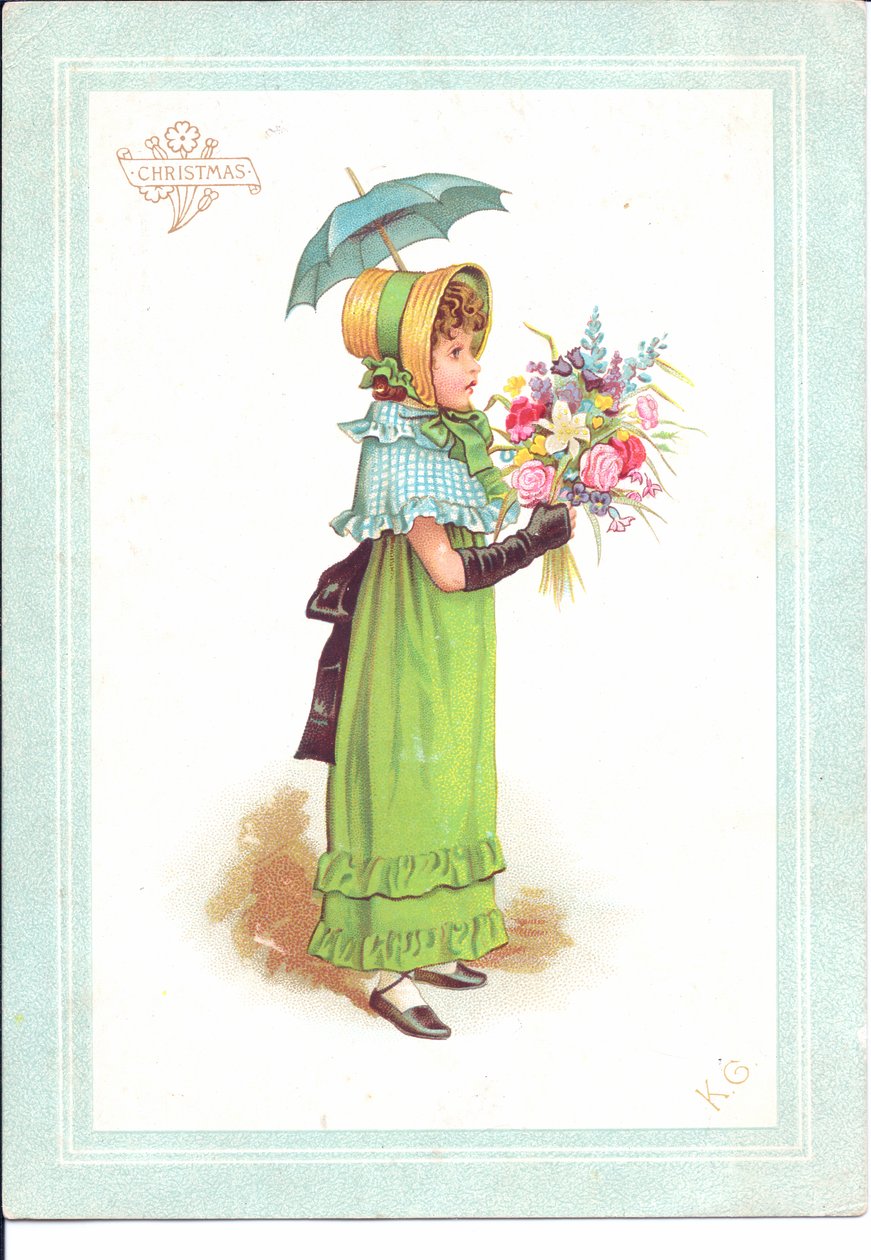 Et viktoriansk gratulasjonskort av barn i fancy kostyme som danser, ca. 1880 av Kate Greenaway