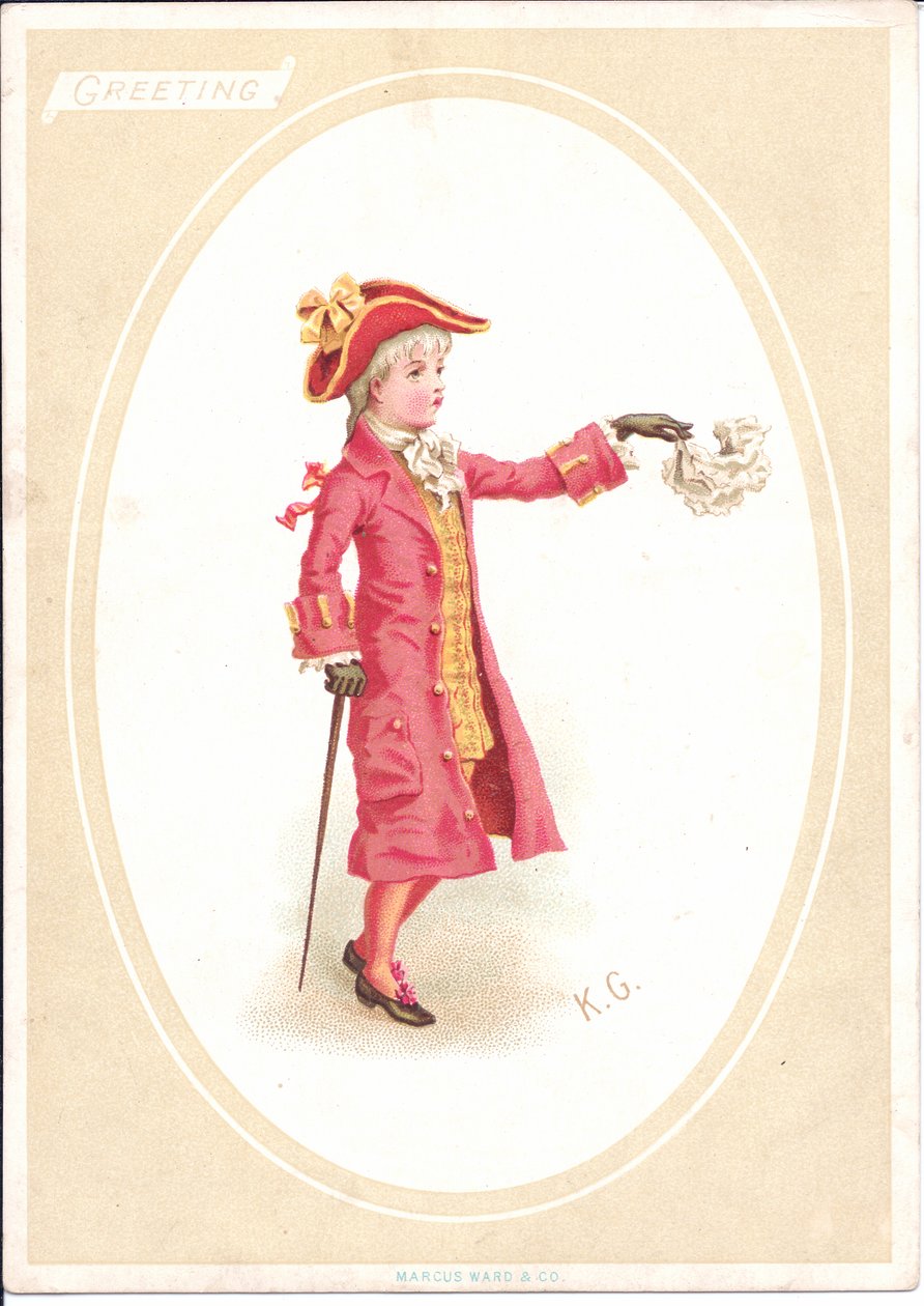 Et viktoriansk gratulasjonskort med barn som sitter ved et middagsbord mens en utkledd som kokk skjerper utskjæringskniven, ca. 1880 av Kate Greenaway