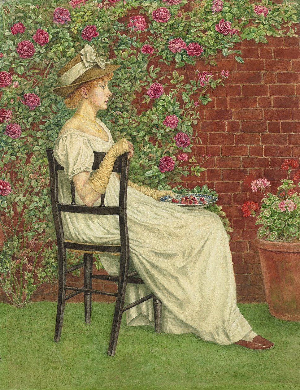 En ung jente sitter i en stol, en skål med kirsebær i hånden, av Kate Greenaway