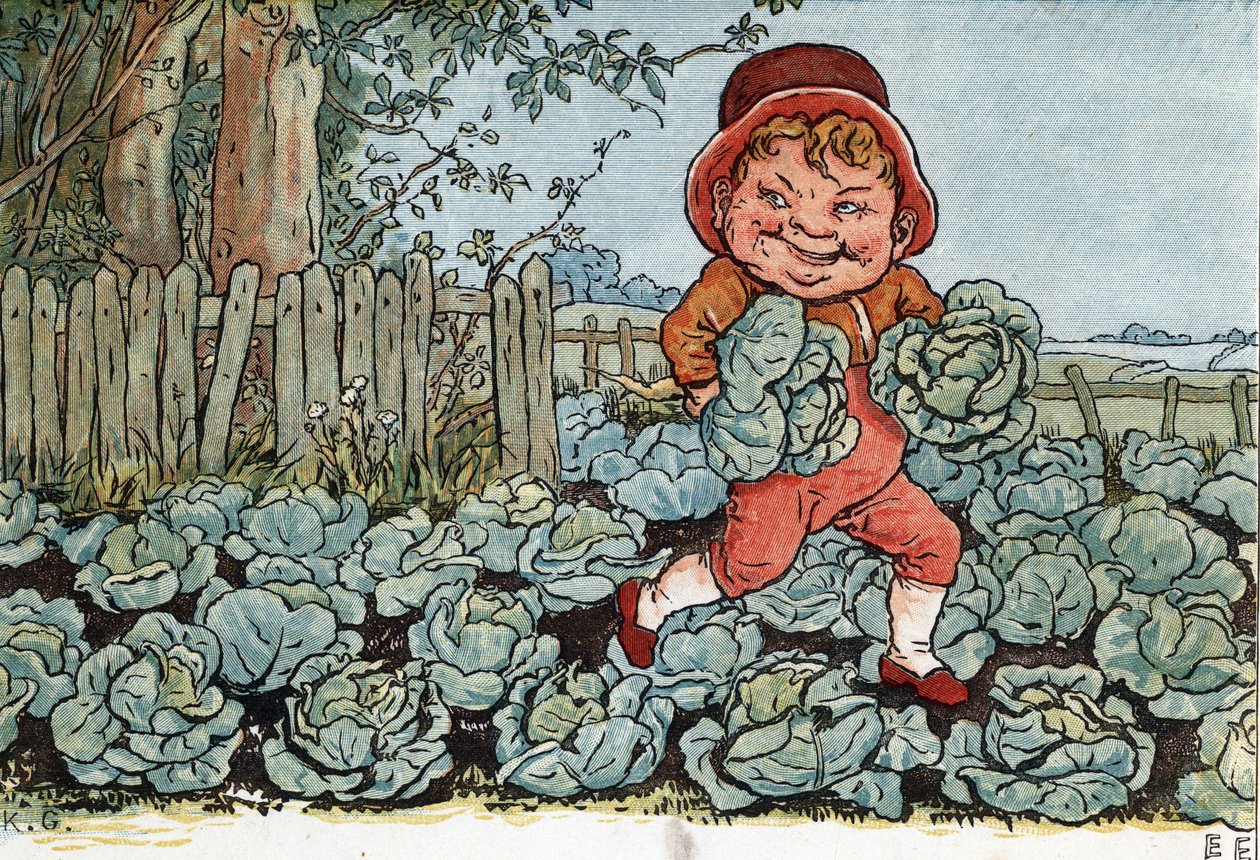En nisse stjeler kål fra en grønnsakshage. (En nisse som stjeler kål). Illustrasjon av Kate Greenaway (1846-1901) fra boken med eventyr og barnerim for barn "" Under The Window" (1879), redigert av Edmund Evans. av Kate Greenaway