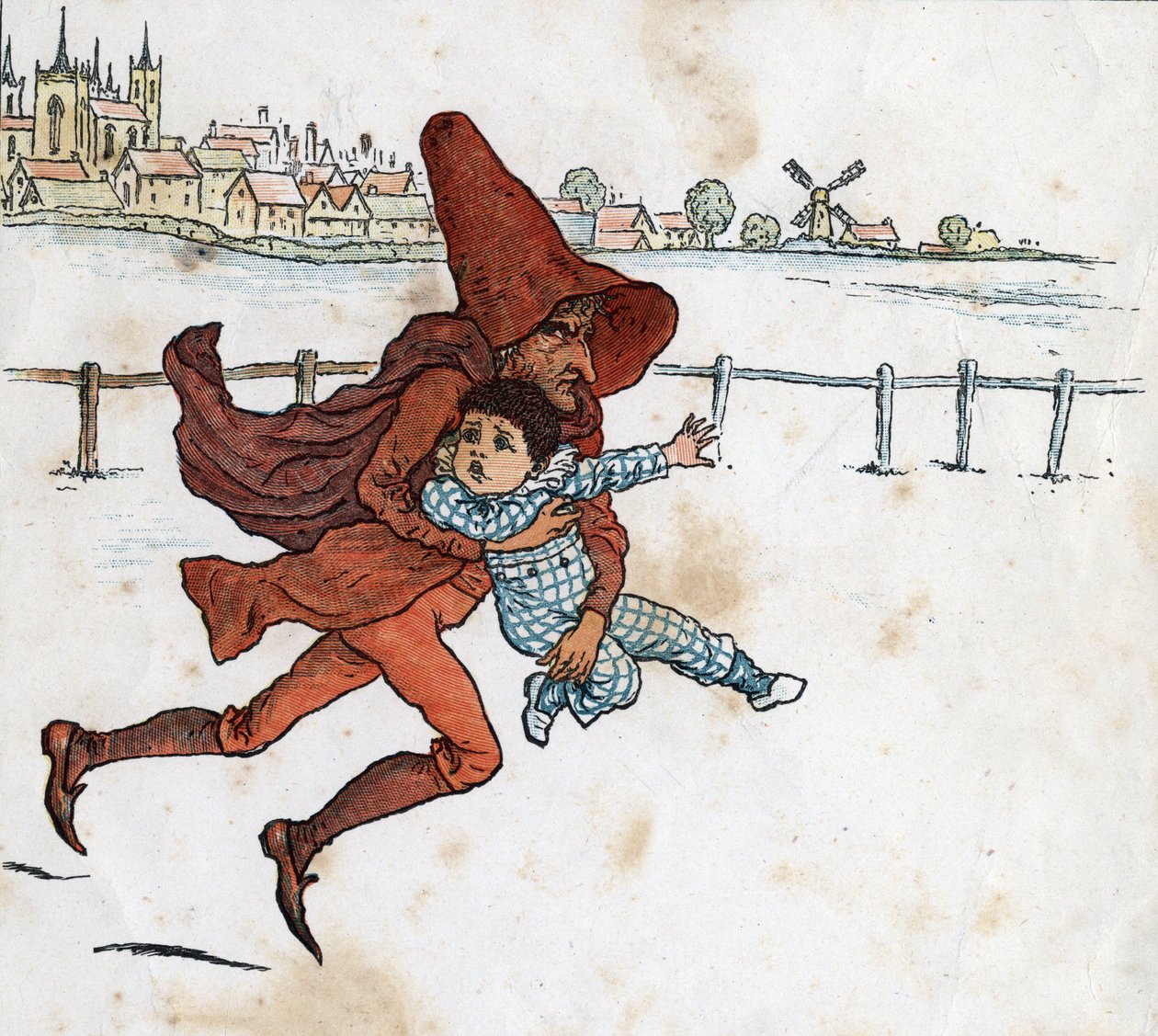 A leprechaun takes a small child. Illustration by Kate Greenaway (1846-1901) from the children
