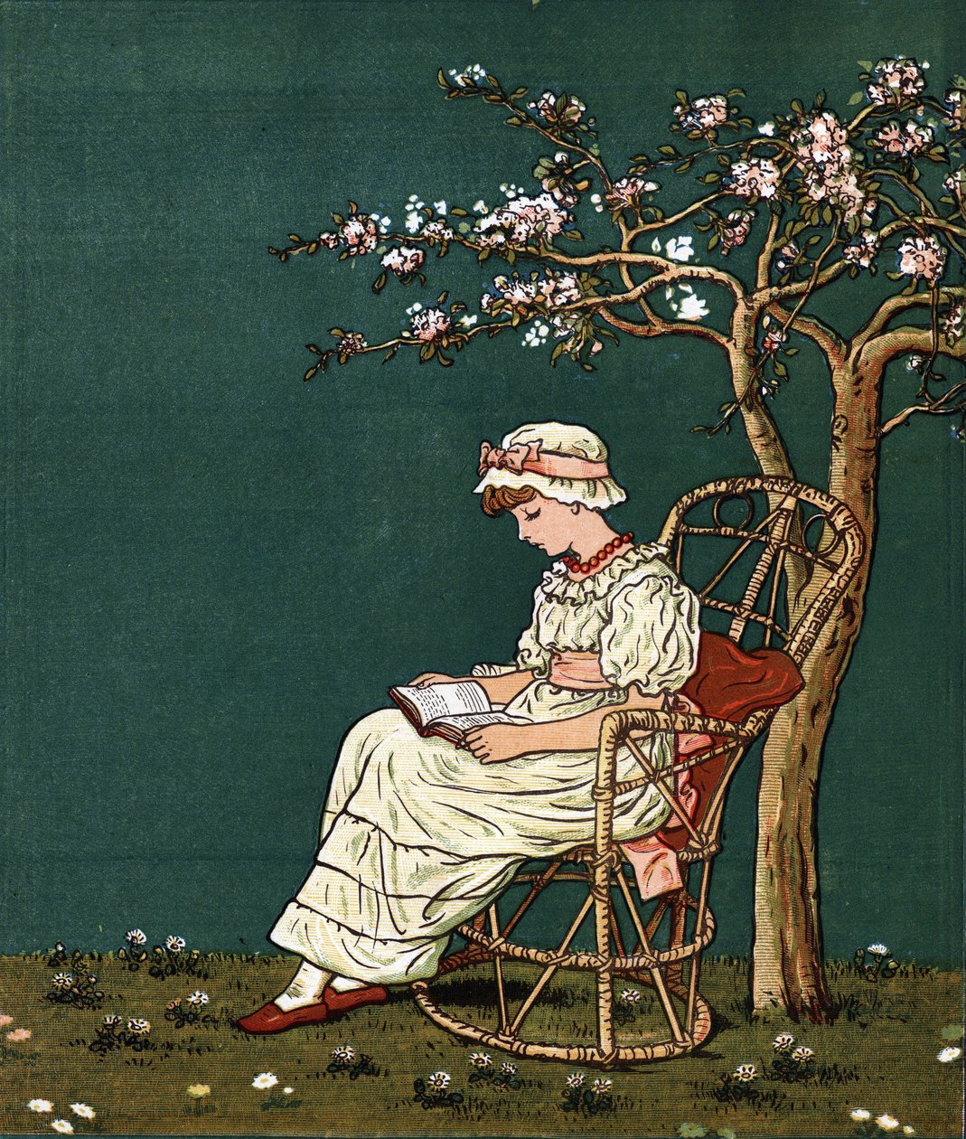 En liten jente som leser under en syrin. Illustrasjon av Kate Greenaway (1846-1901) fra boken med eventyr og barnerim for barn "" Under The Window" (1879), redigert av Edmund Evans. av Kate Greenaway