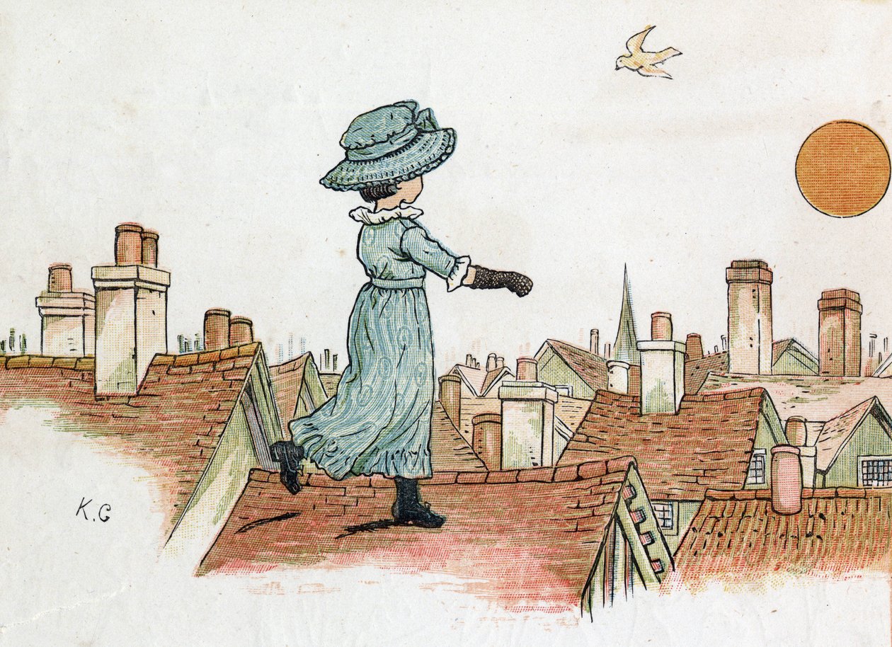En liten jente som går på taket av en by tidlig om morgenen mot solen. Illustrasjon av Kate Greenaway (1846-1901) fra boken med eventyr og barnerim for barn "" Under The Window" (1879), redigert av Edmund Evans. av Kate Greenaway