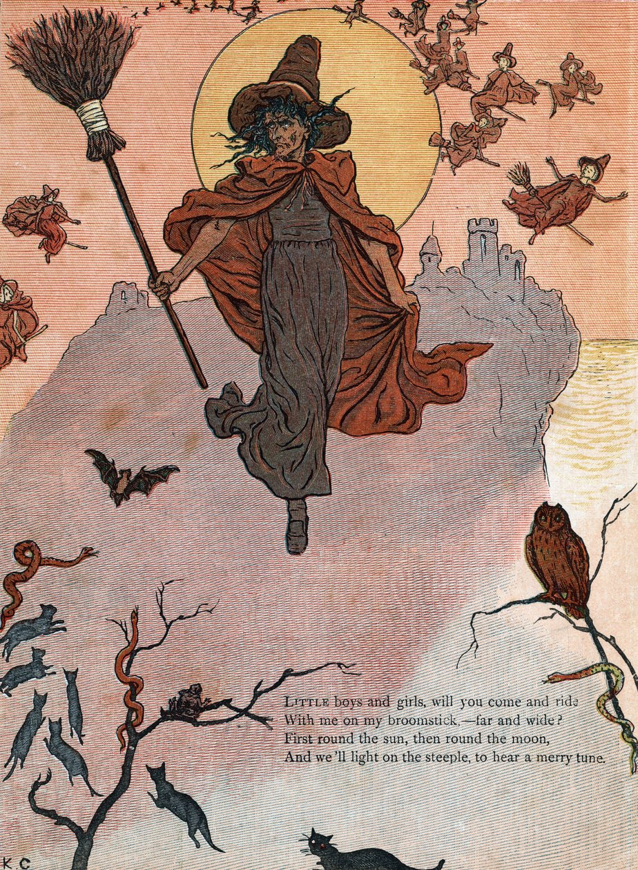 A witch and her broom surrounded by black cats, bat and owl. (Little boys and girls, will you come and ride with me on my broomstick?) ) Illustration by Kate Greenaway (1846-1901) from the book of tales and nursery rhymes for children “” Under The Window”  av Kate Greenaway