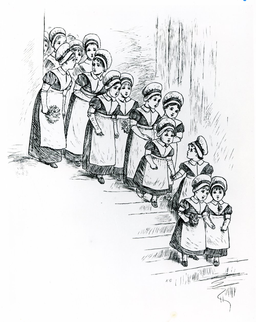 Veldedighetsbarn, ca. 1880 (gravering) av Kate Greenaway