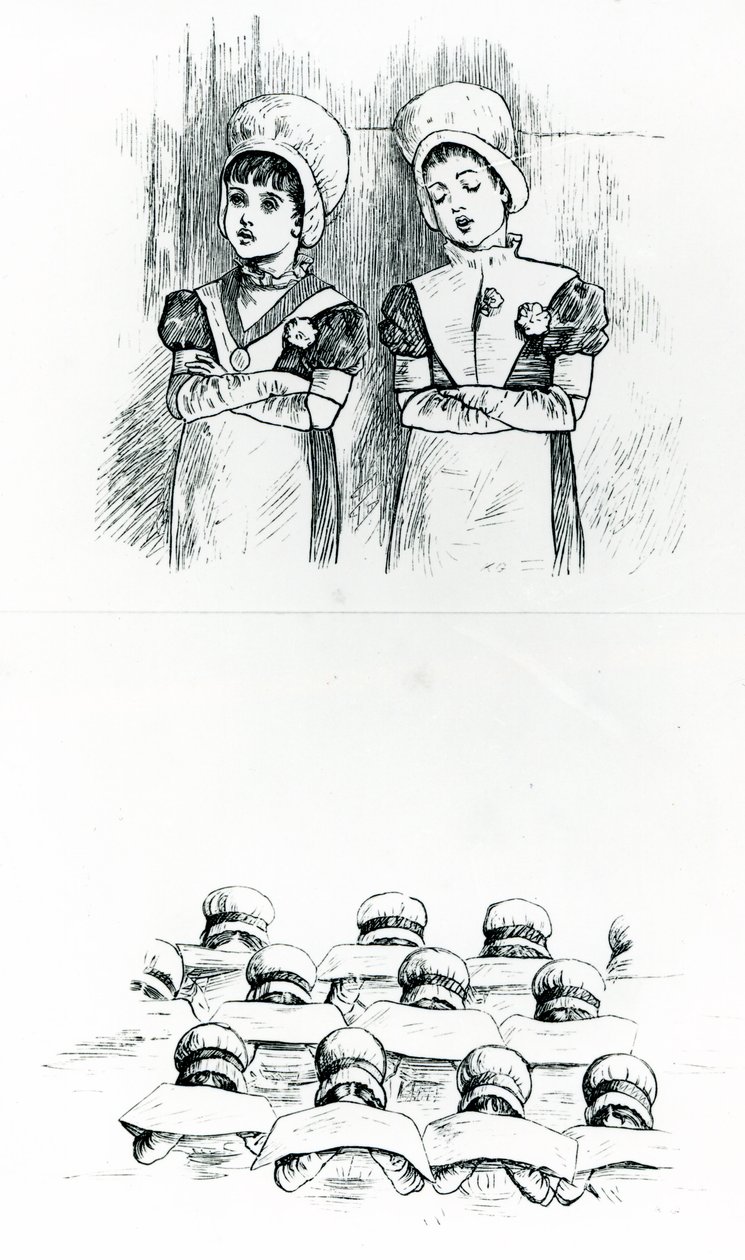 Veldedighetsbarn, ca. 1880 (gravering) av Kate Greenaway