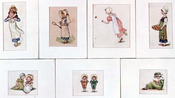 Samling av miniatyrakvareller av barn som leker av Kate Greenaway