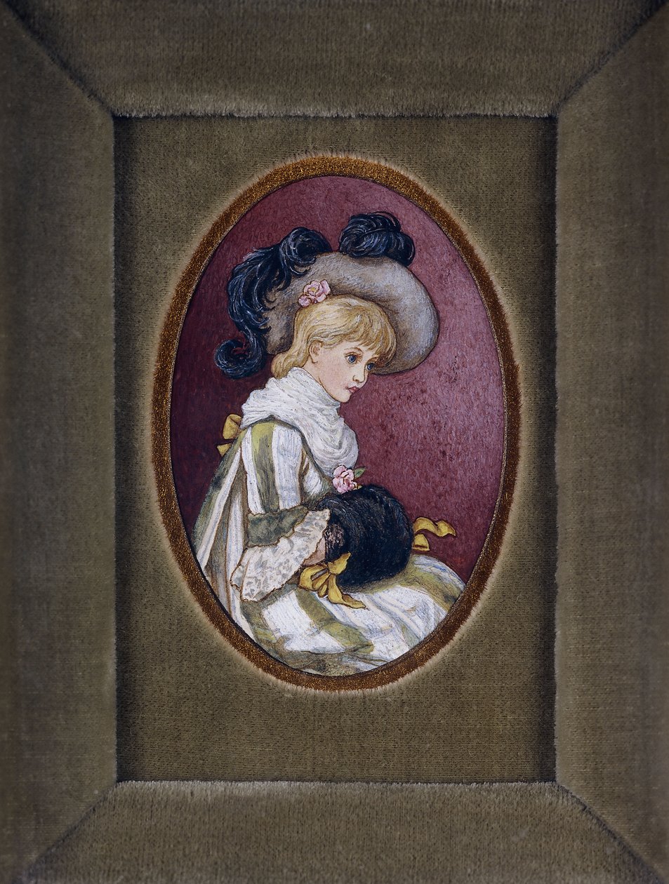 Ovalt portrett av en blond jente som har på seg en lue med hendene inne i muffen av Kate Greenaway