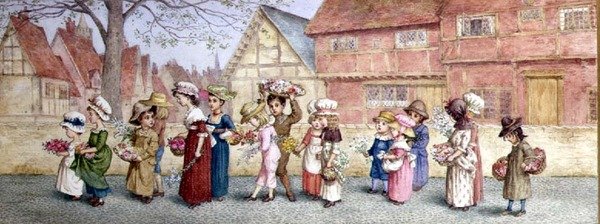Prosesjon av seksten barn som bærer blomster, ca. 1876 (akvarell på papir) av Kate Greenaway