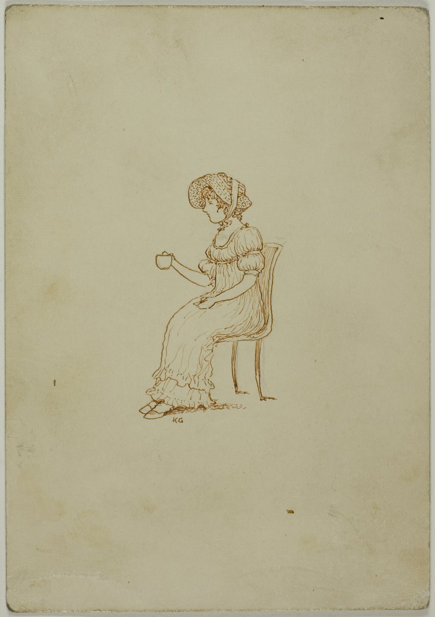 Sittende jente holder tekopp av Kate Greenaway