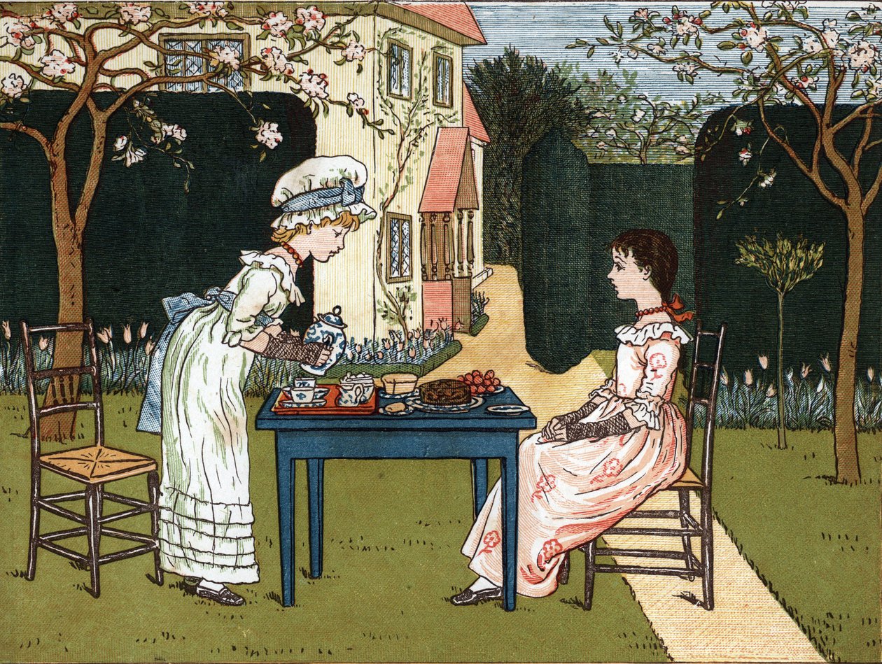 Time of the day: two young girls tasting it in a garden. Illustration by Kate Greenaway (1846-1901) from the book of tales and nursery rhymes for children “” Under The Window” (1879), edited by Edmund Evans. av Kate Greenaway