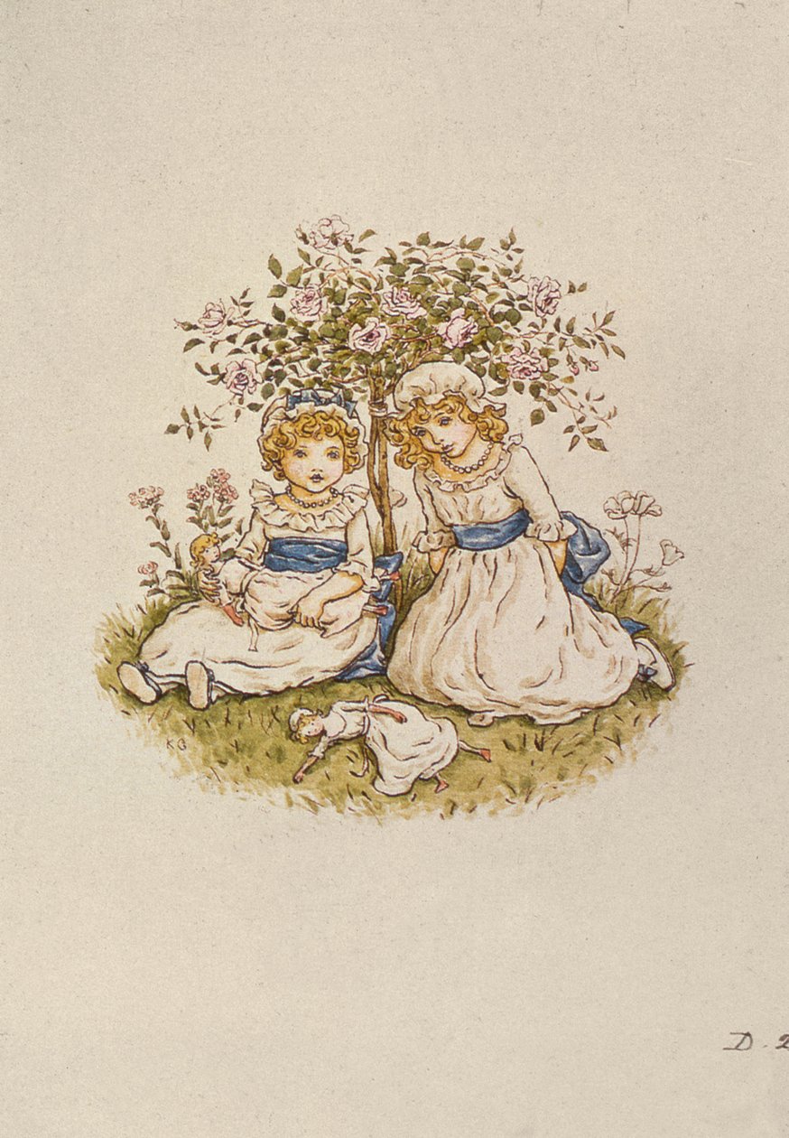 To jenter med dukker som sitter under en rosebusk, 1800-tallet av Kate Greenaway