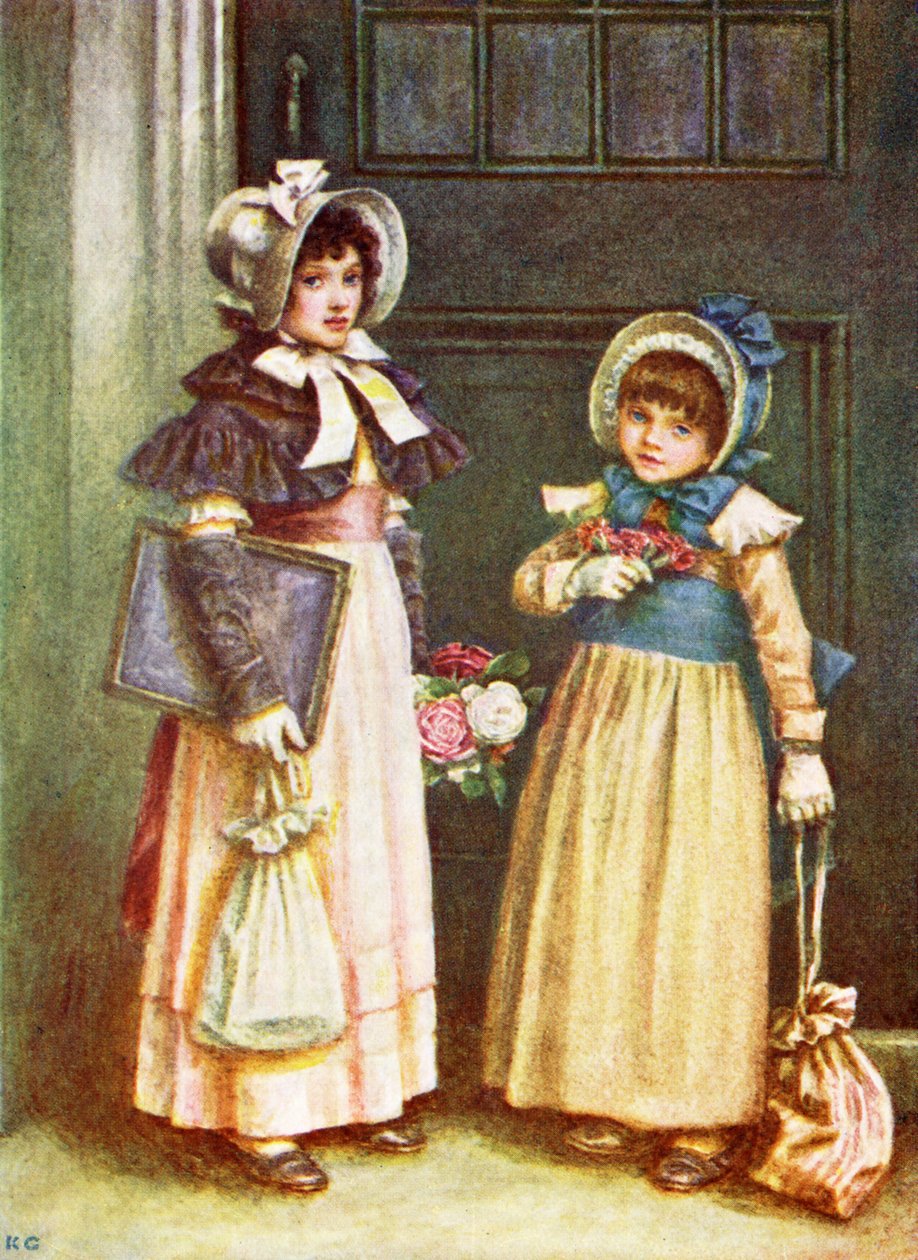 "To jenter går på skolen" av Kate Greenaway. av Kate Greenaway