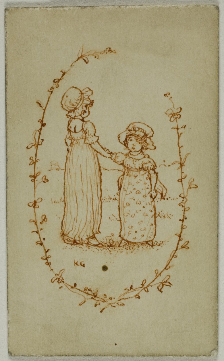 Vignette av to jenter (recto); Athena (verso) av Kate Greenaway