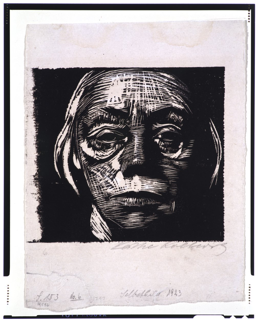 Selvportrett, 1923 (tresnitt, berørt prøvetrykk på vevd papir) av Käthe Kollwitz