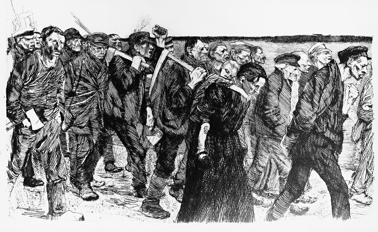 Demonstrasjon av arbeidere, illustrasjon av Kathe Kollwitz (1867-1945) for operaen Die Weber (The Weavers) av Käthe Kollwitz