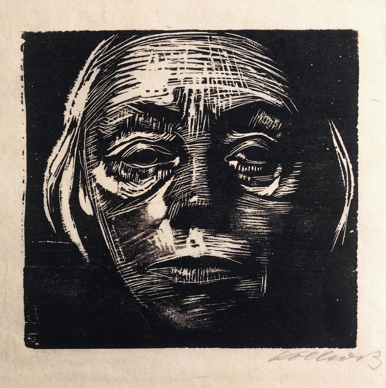 selvportrett i hele ansiktet; Selvportrett fra fronten, 1923 av Käthe Kollwitz