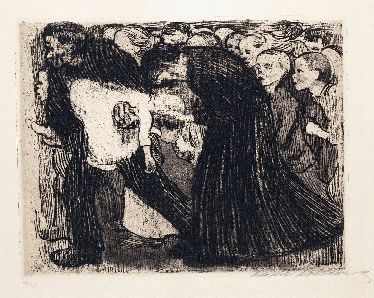 Påkjøre; Uberfahren, 1910 av Käthe Kollwitz
