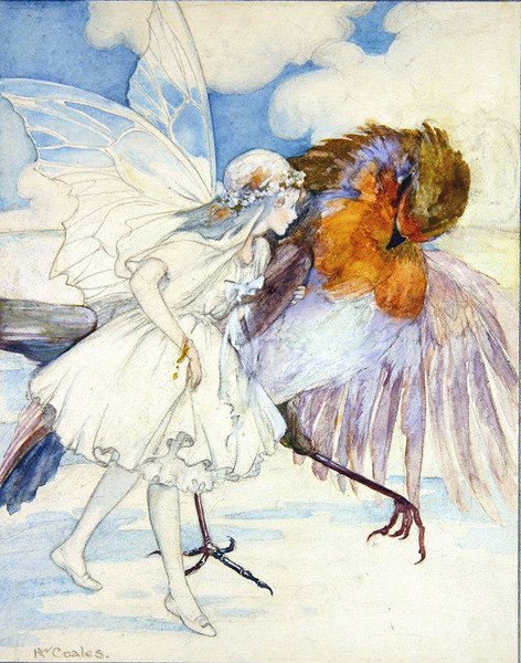 Cock Robin and the Flower Fairy (blyant og akvarell på papir) av Kathleen Wallis Coales