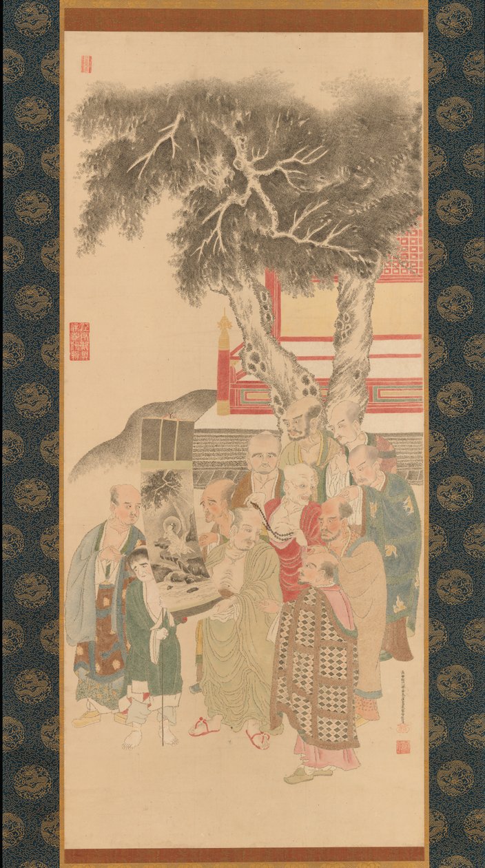 Ten Rakan undersøker et maleri av hvitkledde Kannon, 1792. av Kato Nobukiyo