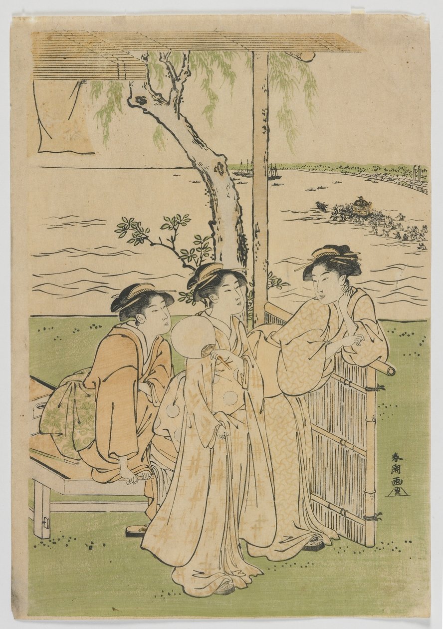 Three Beautys in Summer, Women at Takanawa, Edo-perioden, midten av 1780-tallet (farget treblokktrykk) av Katsukawa Shuncho