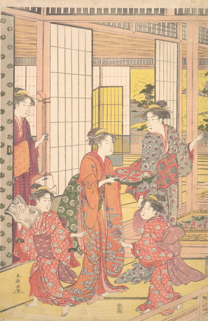 En ung kvinne med et brett med søtsaker, 1780-1795. av Katsukawa Shuncho