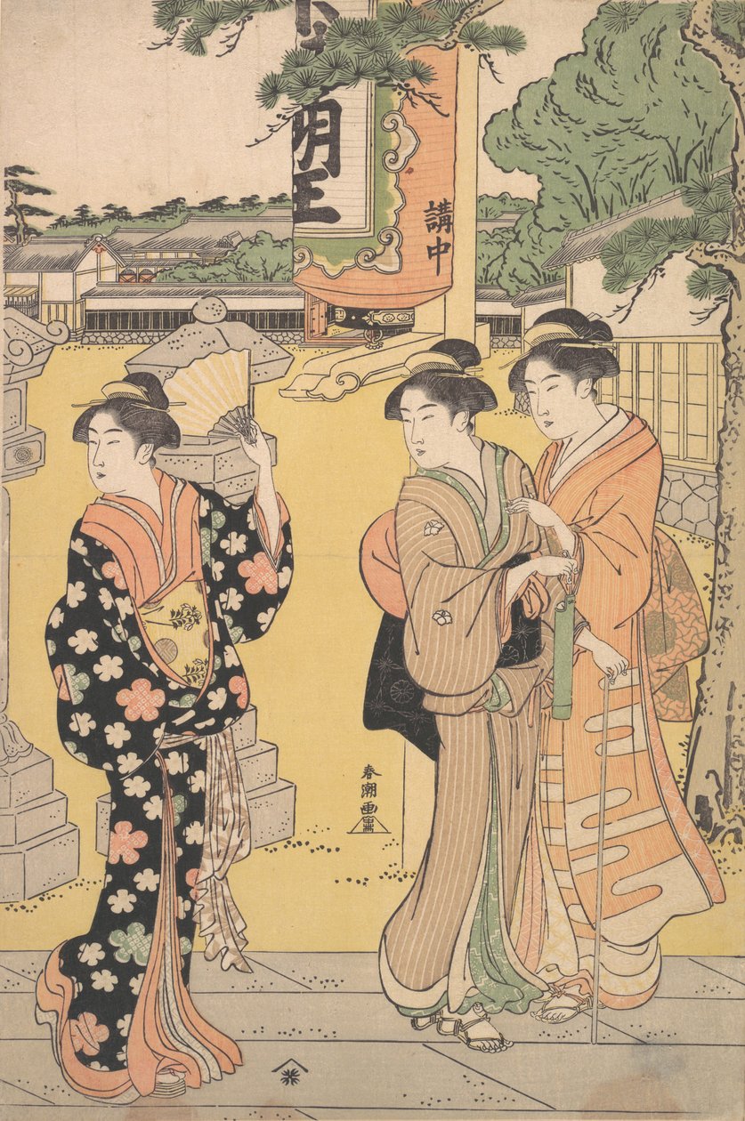 Messebesøkende i anlegget til et buddhistisk tempel, ca. 1789. av Katsukawa Shuncho