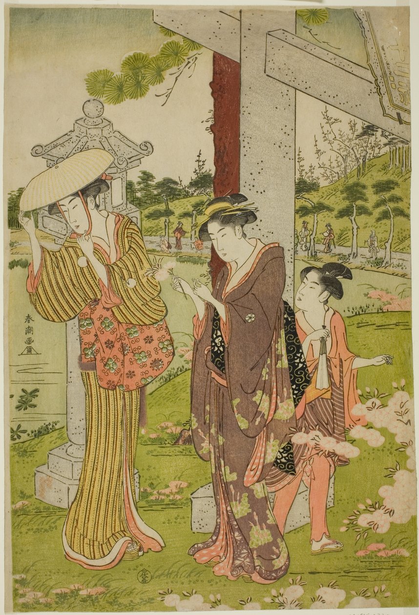 Plukker blomster ved Kumano Junisha-helligdommen i Tsunohazu av Katsukawa Shuncho