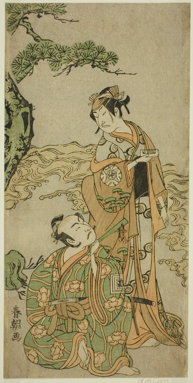 Skuespillerne Nakamura Nakazo I som Matsukaze (til høyre), og Ichikawa Komazo I som Yukihira (til venstre), i stykket Kuni no Hana Ono no Itsumoji, fremført på Nakamura Theatre i den ellevte måneden, 1771 av Katsukawa Shuncho