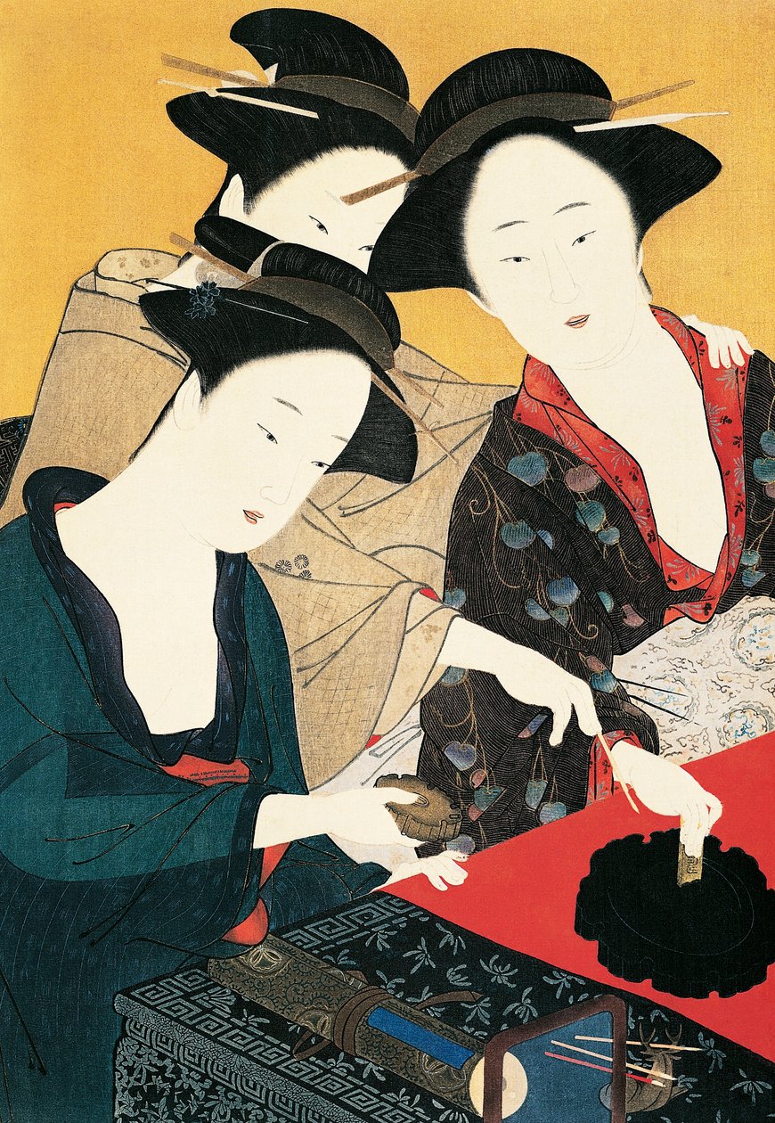 Tre kvinner rundt blekkfontene, kunstner fra Katsukawa Shunsho skole (1726-1792), Japan, japansk sivilisasjon av Katsukawa Shuncho