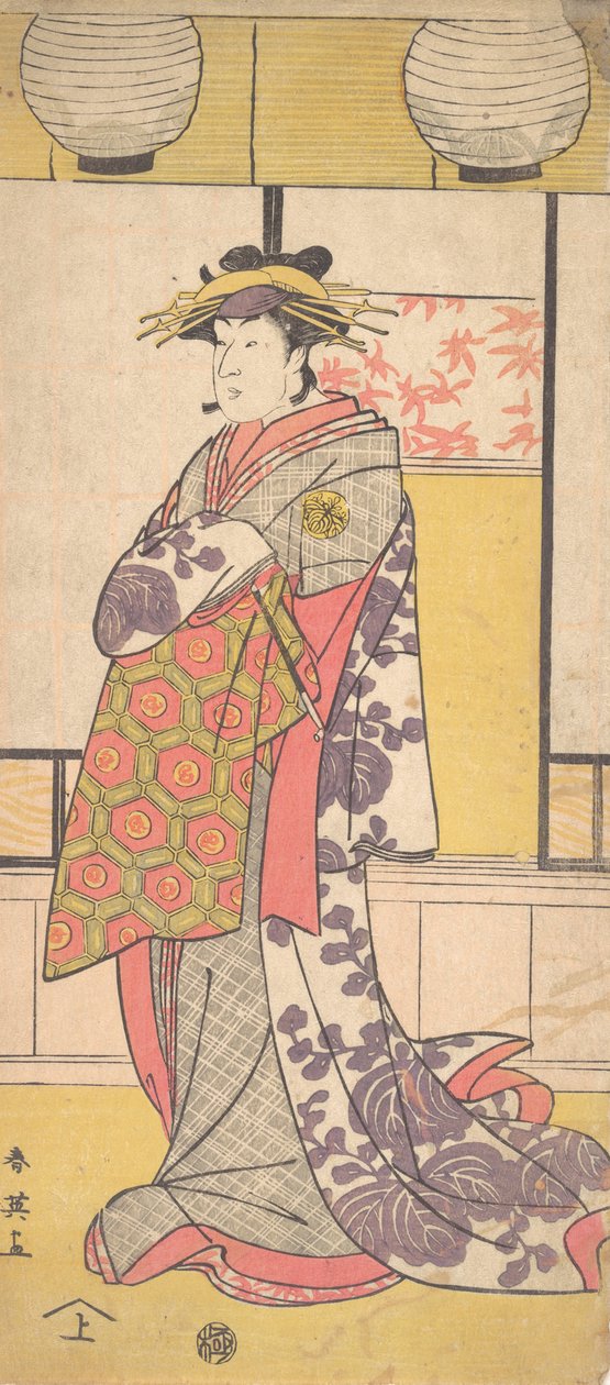 Nakayama Tatezo som kurtisane stående, vendt mot venstre, ca. 1792-93. av Katsukawa Shun