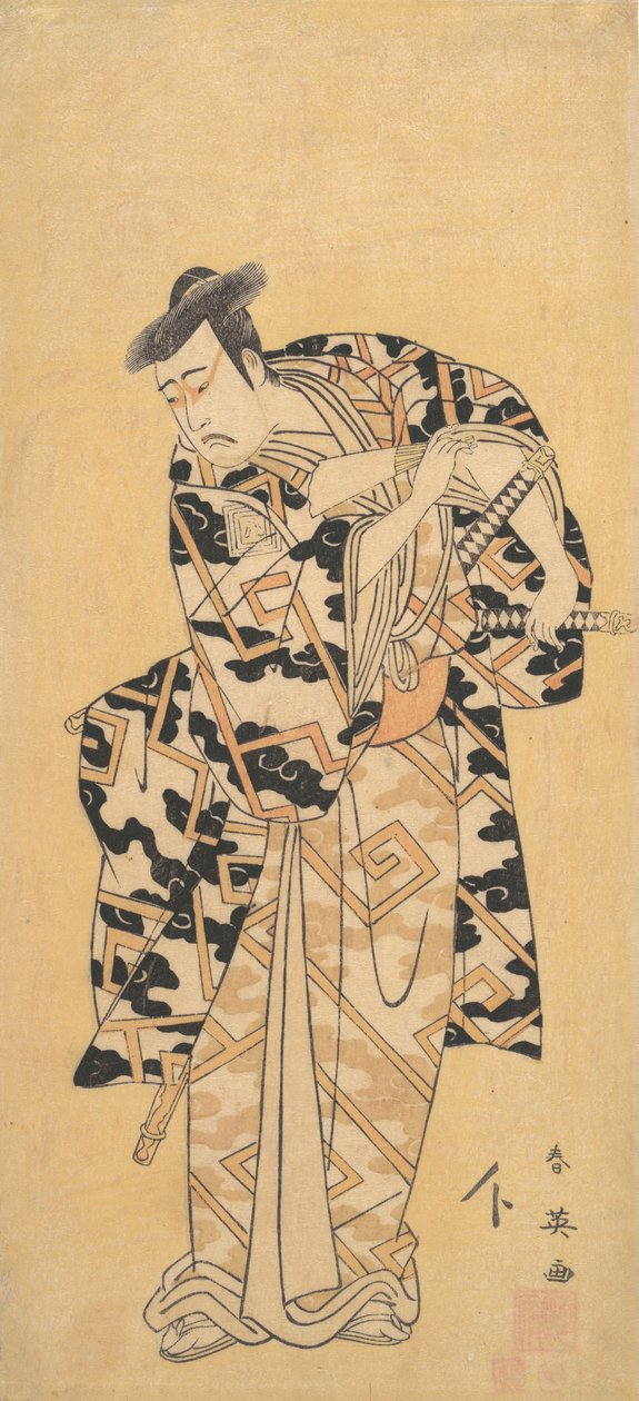 Skuespilleren Ichikawa Yaozo III som Fuwa Banzaemon in a Thunder Robe, Playing with a Fan, 1794. av Katsukawa Shun