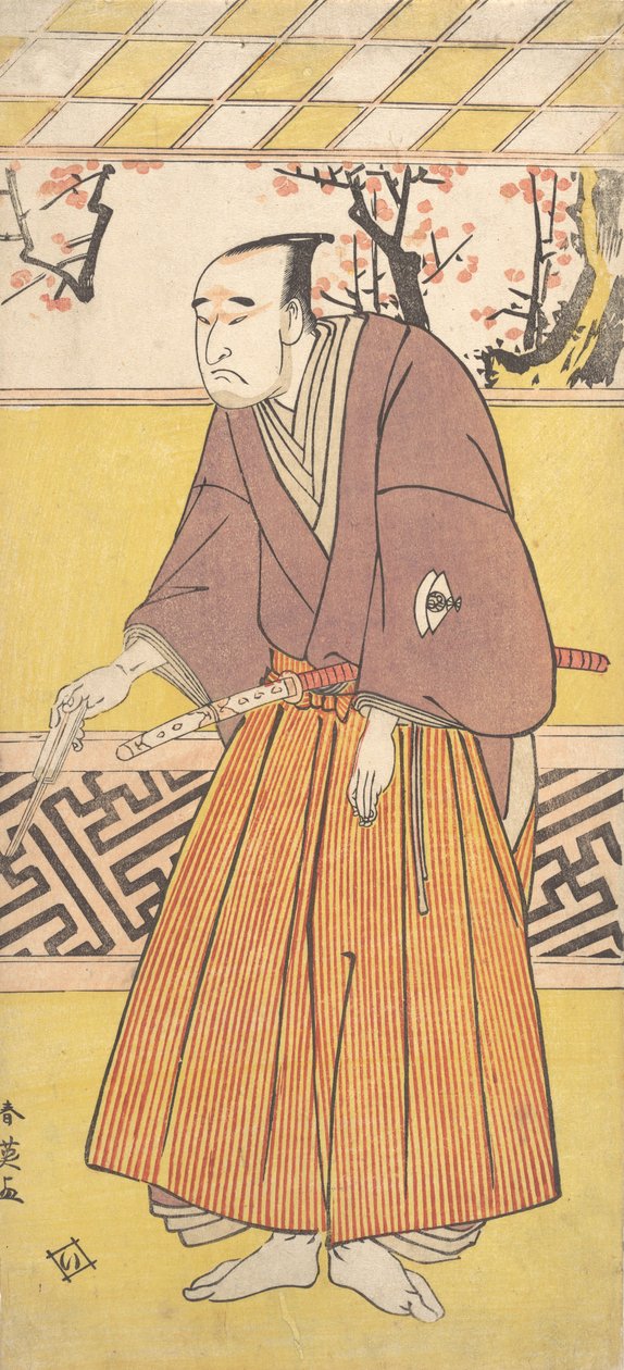 Skuespilleren Onoye Matsusuke I, som en mann som holder en lukket fan i høyre hånd, ca. 1780. av Katsukawa Shun