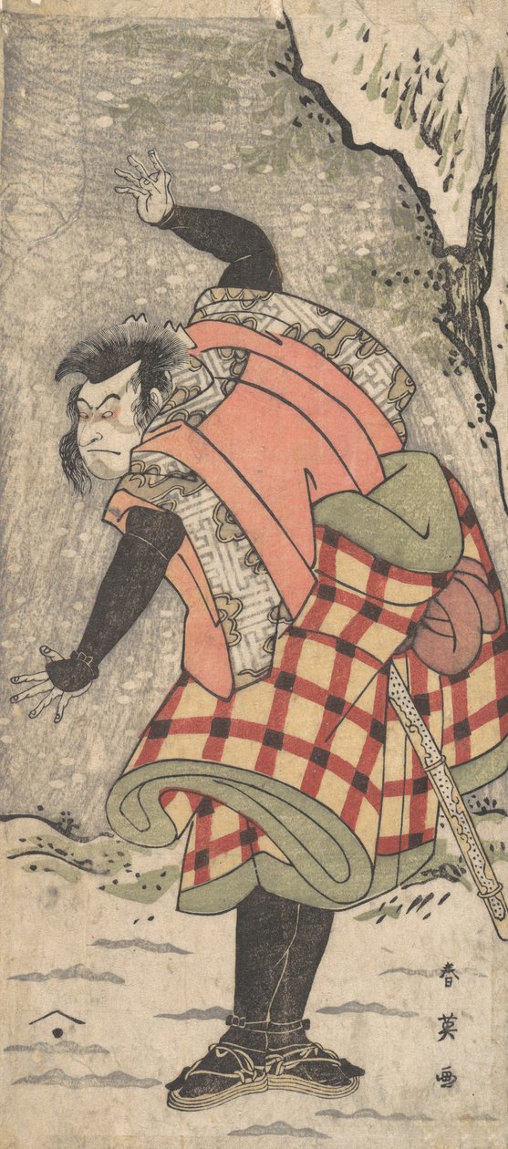 Uidentifisert skuespiller som en Kyokaku som står ved foten av en klippe i en snøstorm, ca. 1793. av Katsukawa Shun